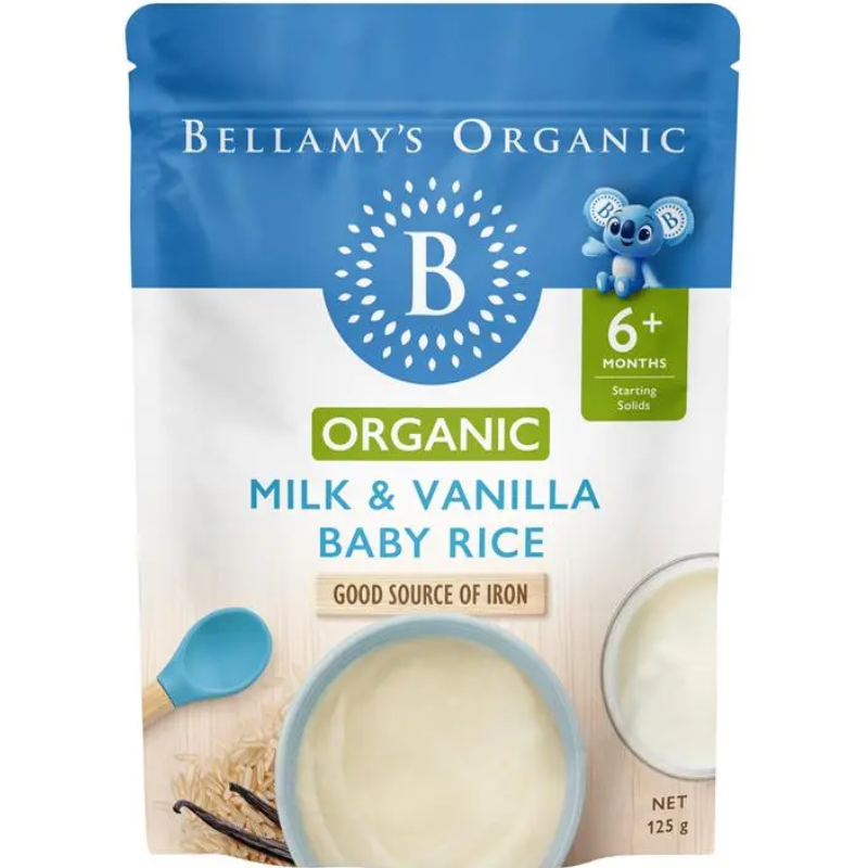 Bellamy's Organic Milk & Vanilla Baby Rice Cereal 125g certified organic baby cereal suitable for babies from 6 months