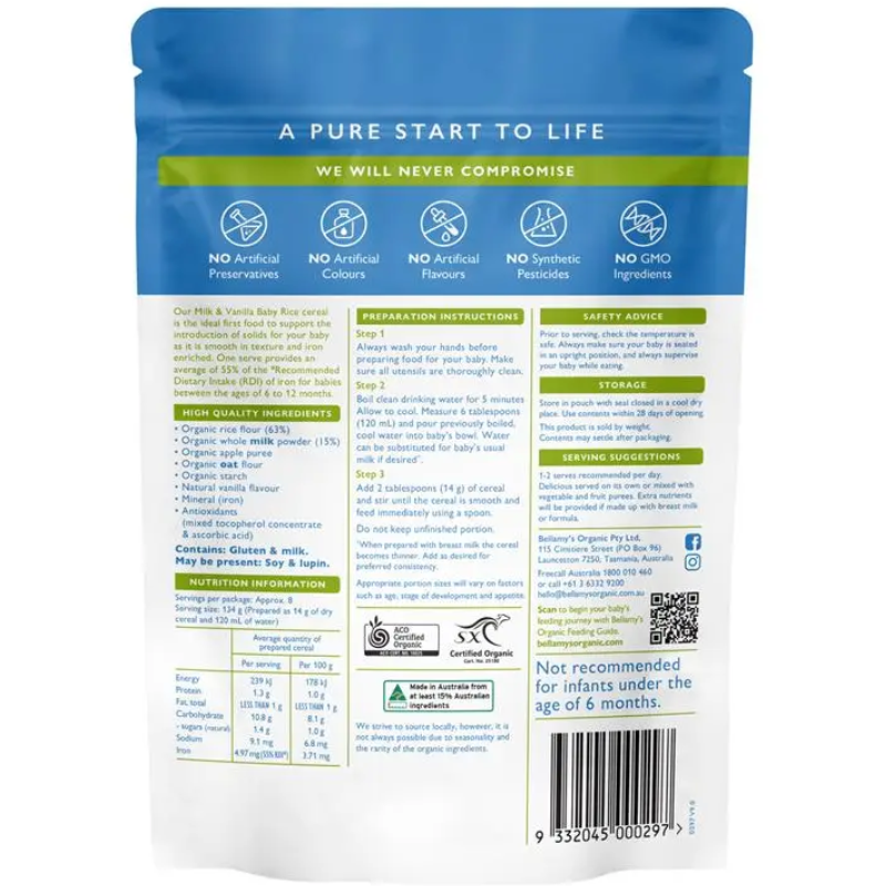Bellamy's Organic Milk & Vanilla Baby Rice Cereal 125g certified organic baby cereal suitable for babies from 6 months