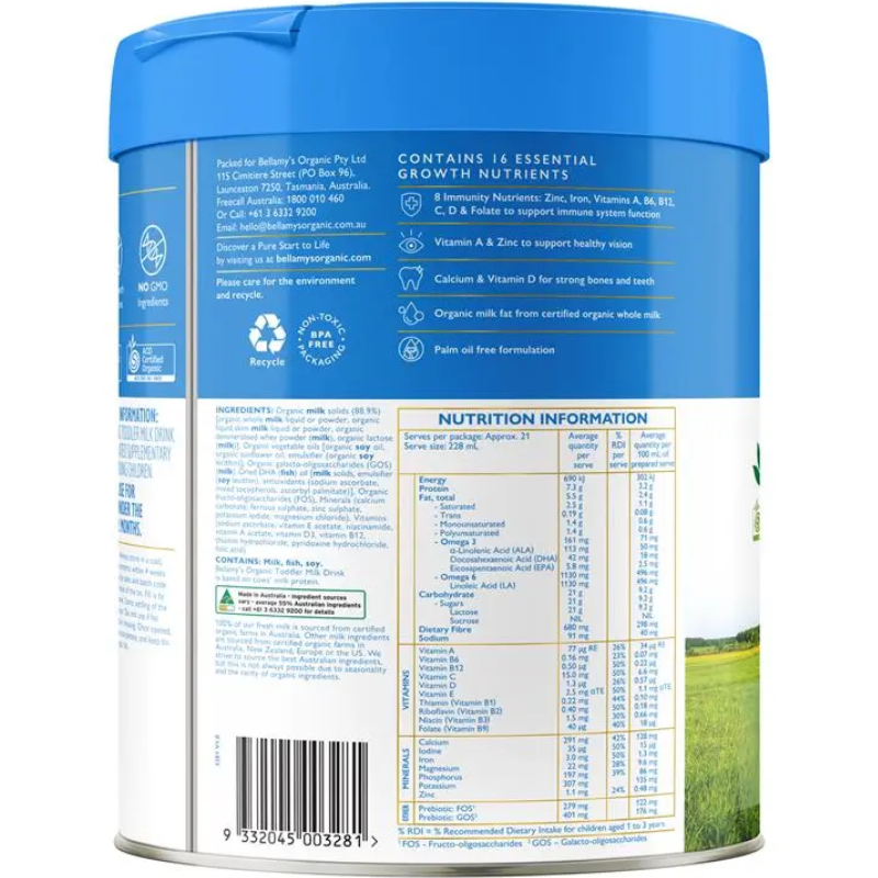 Bellamy's Organic Toddler Milk Drink Step 3 New 800g certified organic milk drink for toddlers 12 months and older