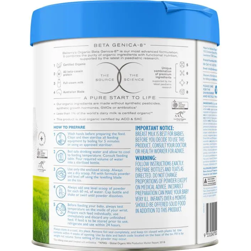 Bellamy's Organic Beta Step 1 Infant Formula 800g certified organic infant milk formula for babies from birth to 6 months