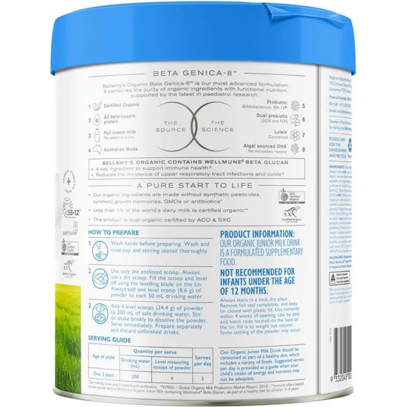 Bellamy's Organic Beta Step 4 Junior Milk Drink 800g certified organic milk drink for children aged 3 years and older