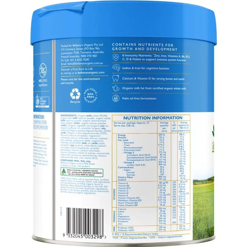 Bellamy's Organic Junior Milk Drink Step 4 New 800g certified organic milk drink for children aged 3 years and older