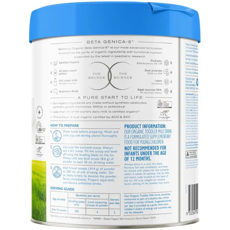 Bellamy's Organic Beta Step 3 Toddler Milk Drink 800g certified organic milk drink for toddlers aged 12 months and older