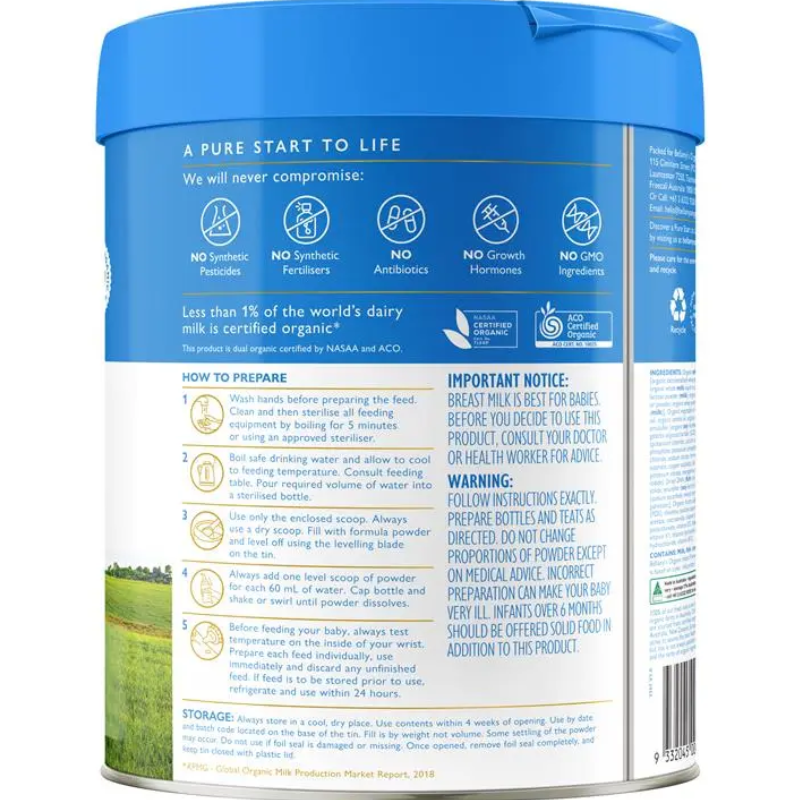 Bellamy's Organic Infant Formula Step 1 New 800g certified organic infant milk formula for babies 0 to 6 months