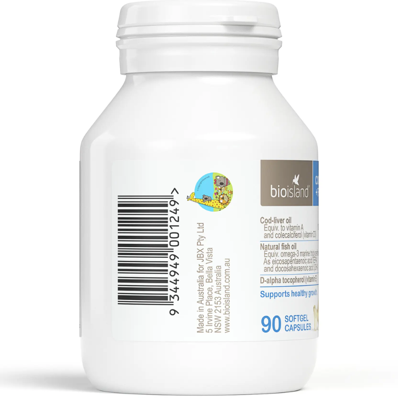 Bio Island Cod Liver + Fish Oil for Kids 90 Capsules children's dietary supplement with cod liver oil fish oil and vitamins A D3 E