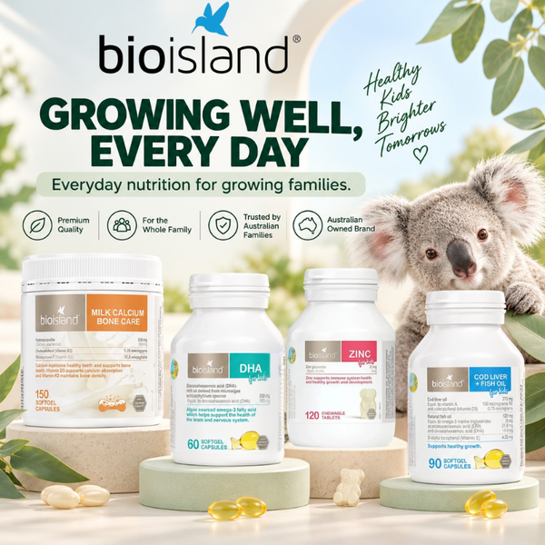 Bio Island supplements for kids including Milk Calcium, DHA, Zinc, and Cod Liver Oil at Ozan Warehouse