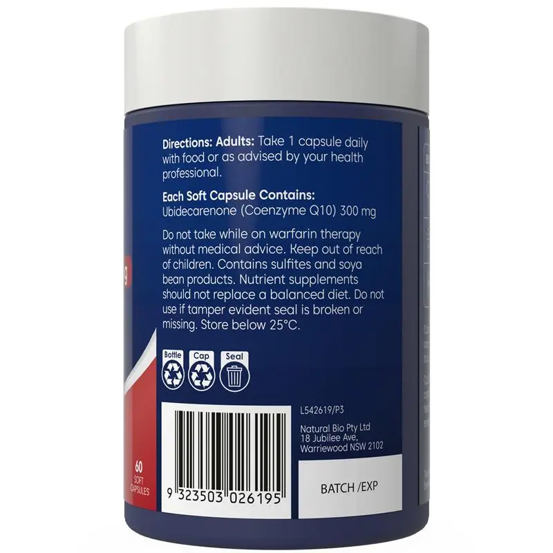 Bioglan CoQ10 300mg 60 Capsules product packaging Australia