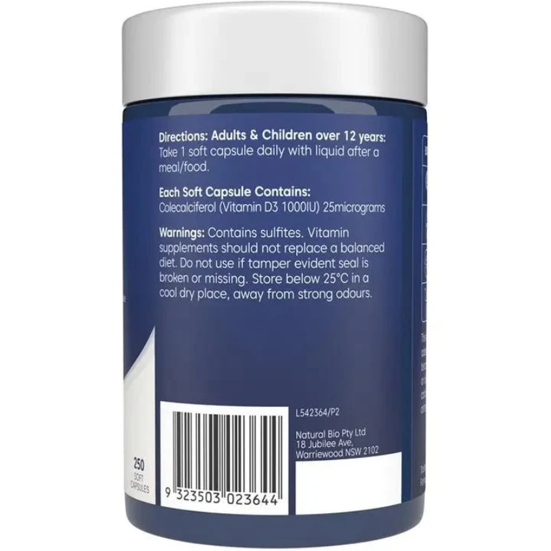 Bioglan Vitamin D3 1000IU 250 Capsules dietary supplement with Colecalciferol for adults and children over 12 years
