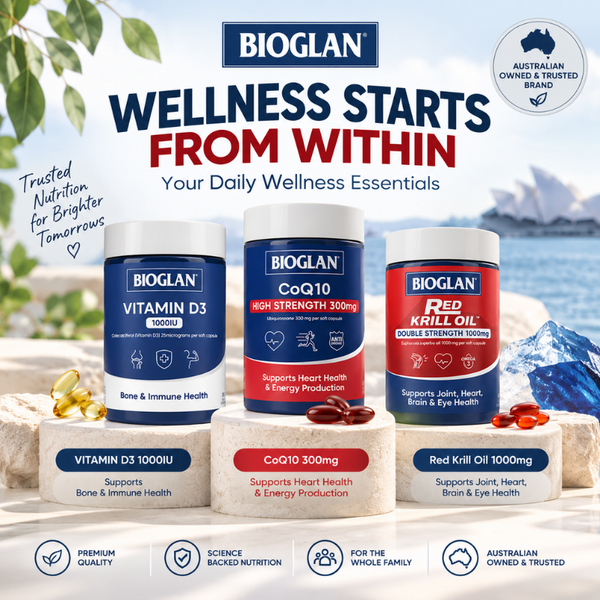 Bioglan health supplements featuring Vitamin D3, CoQ10, and Red Krill Oil at Ozan Warehouse