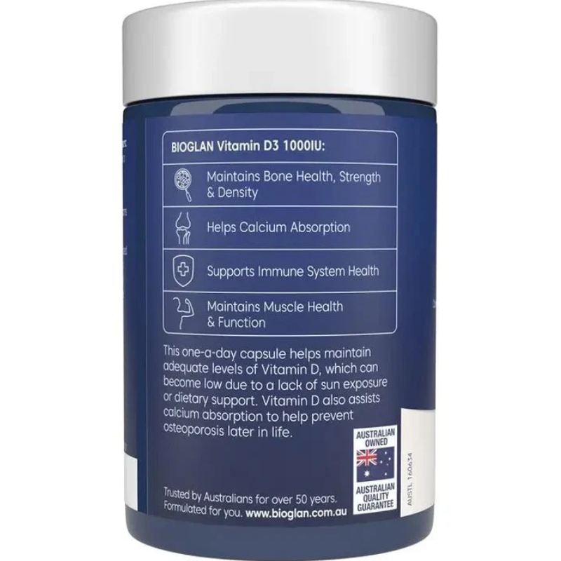Bioglan Vitamin D3 1000IU 250 Capsules dietary supplement with Colecalciferol for adults and children over 12 years