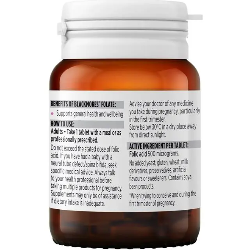 Blackmores Folate 500mcg 90 Tablets dietary supplement containing folic acid in a convenient tablet format