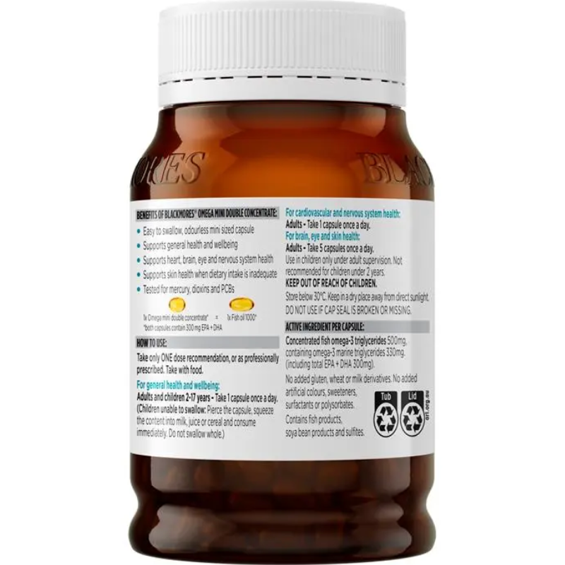 Blackmores Omega Mini Double Concentrate Fish Oil 400 Mini Capsules high strength omega-3 fish oil dietary supplement with EPA and DHA