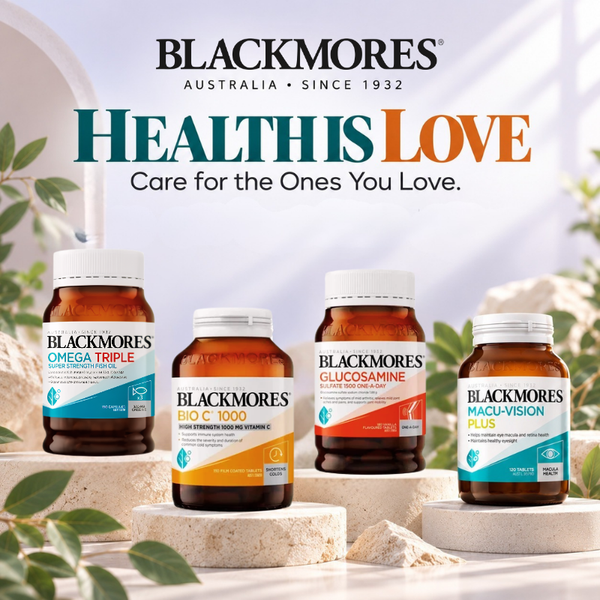 Blackmores supplements including Omega Triple fish oil, Bio C, Glucosamine, and Macu-Vision Plus at Ozan Warehouse