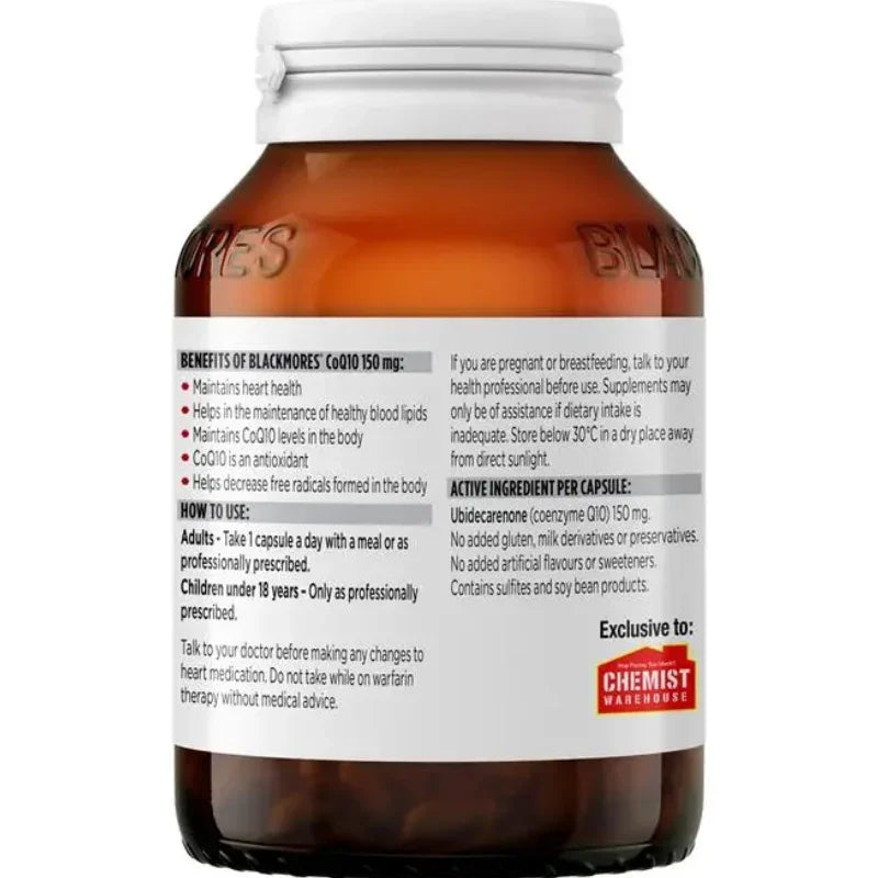 Blackmores Q10 150mg 125 Tablets coenzyme Q10 dietary supplement containing ubidecarenone