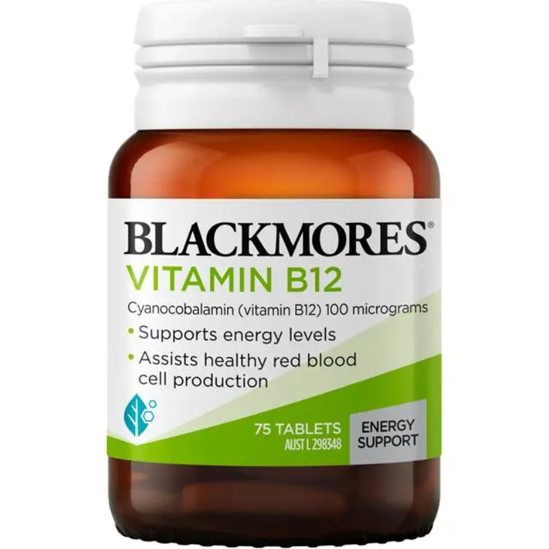 Blackmores Vitamin B12 75 Tablets dietary supplement containing cyanocobalamin for adults