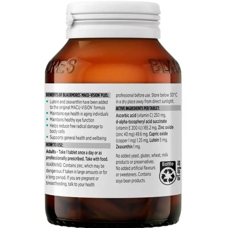 Blackmores Macu-Vision Plus 120 Tablets dietary supplement with lutein zeaxanthin vitamins C E zinc and copper
