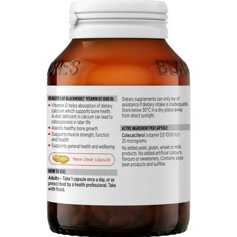 Blackmores Vitamin D3 1000IU 200 Capsules dietary supplement containing colecalciferol for adults