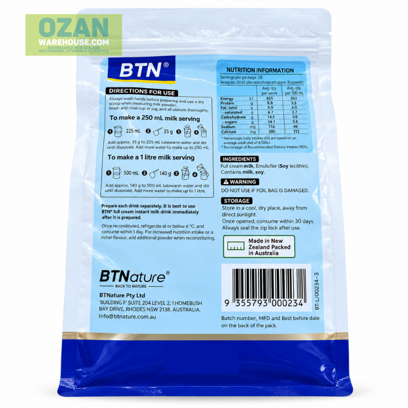 BTNature Full Cream Milk Powder 1kg, instant dairy milk powder rich in calcium and protein for daily nutrition, drinking, cooking and baking.