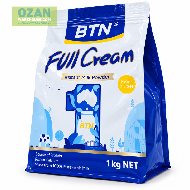 BTNature Full Cream Milk Powder 1kg, instant dairy milk powder rich in calcium and protein for daily nutrition, drinking, cooking and baking.