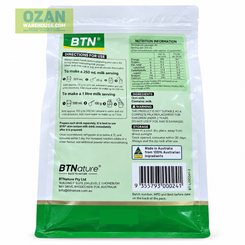 BTNature Skim Milk Powder 1kg rich in protein and calcium for healthylifestyle
