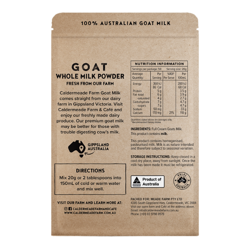 Back of a kraft paper stand-up pouch for Calderdale Farm Goat Milk Whole Milk Powder, showing nutrition information, directions, ingredients, and logos including Product of Australia and Calderdale Farm.