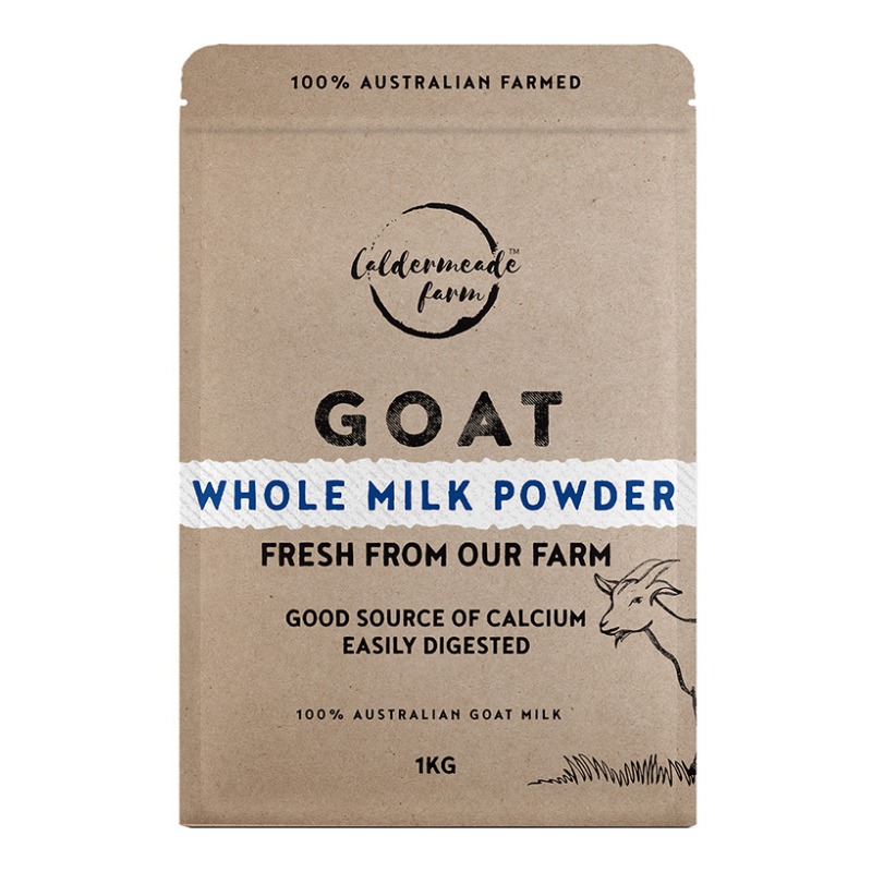 A 1kg package of Coldmeade Farm Whole Milk Powder for goats, presented in a brown kraft paper stand-up pouch on a solid white background.