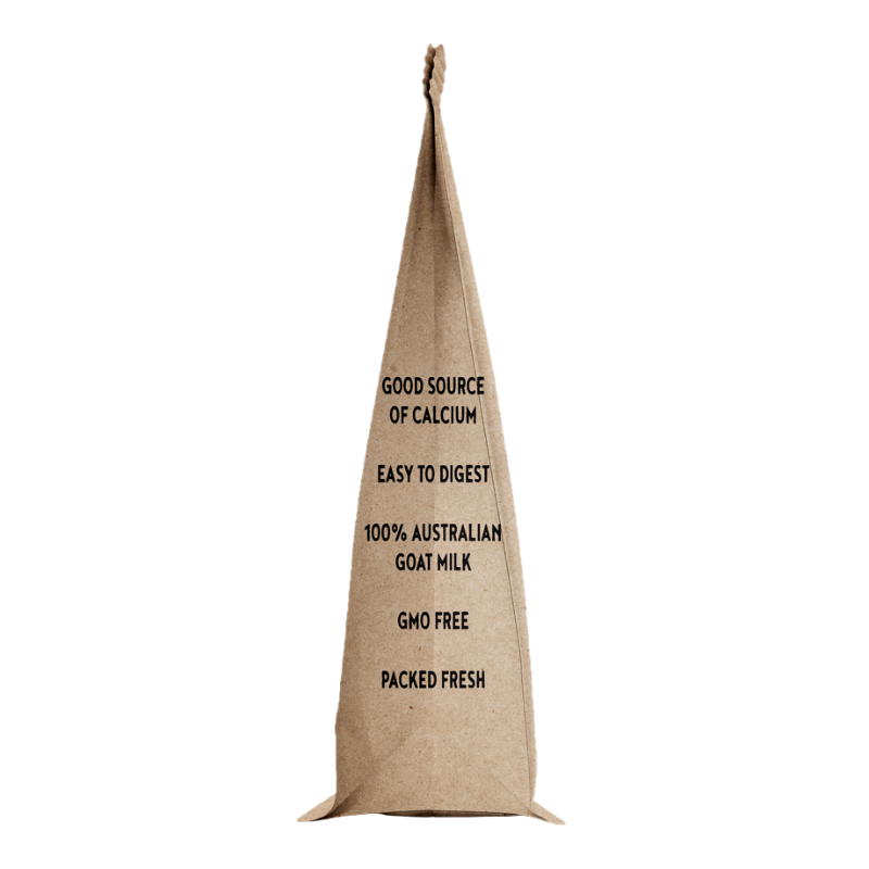 A tall, narrow kraft paper pouch with black printed text on a plain white background.