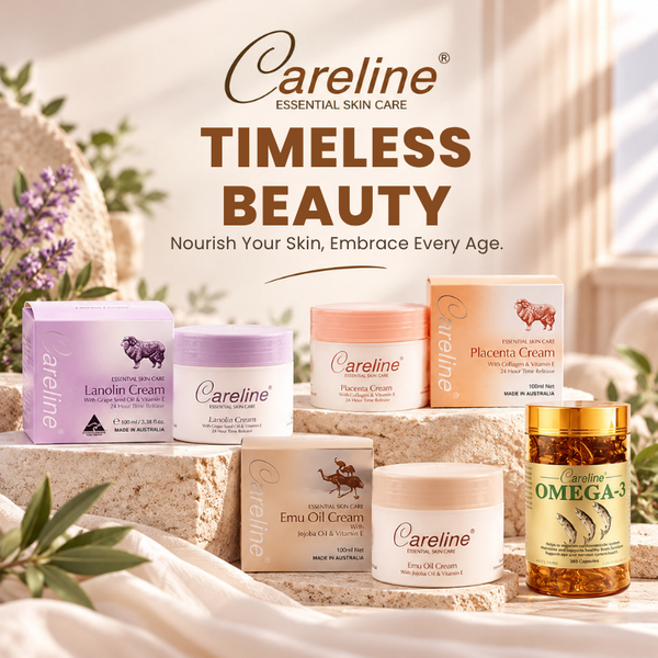 Careline Australian skincare creams with Lanolin, Placenta, Emu Oil, and Omega-3 capsules at Ozan Warehouse