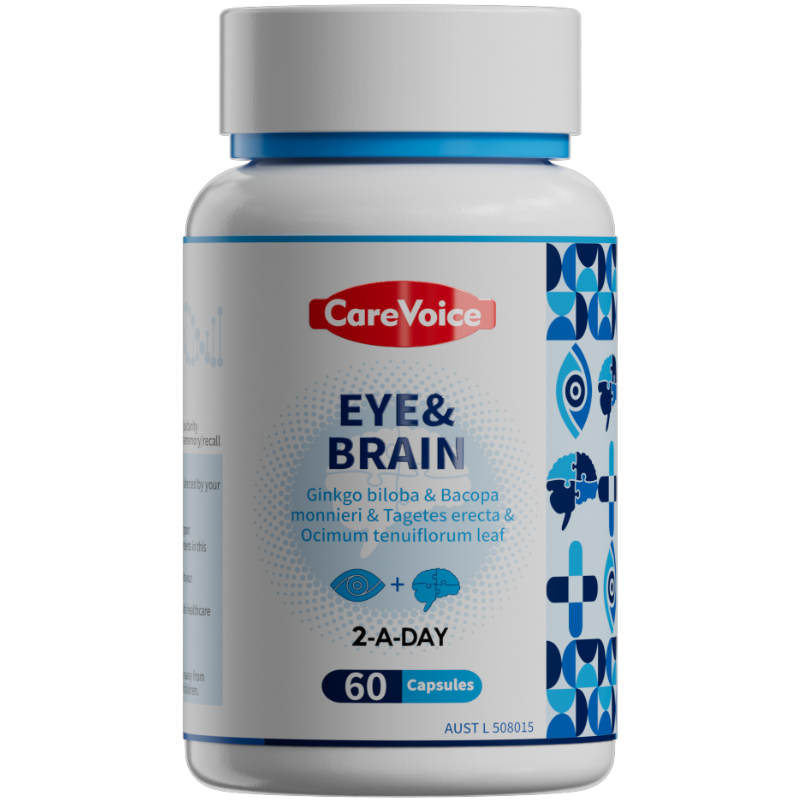 CareVoice Eye & Brain Capsules 60 Capsules dietary supplement bottle for daily eye and brain nutritional support