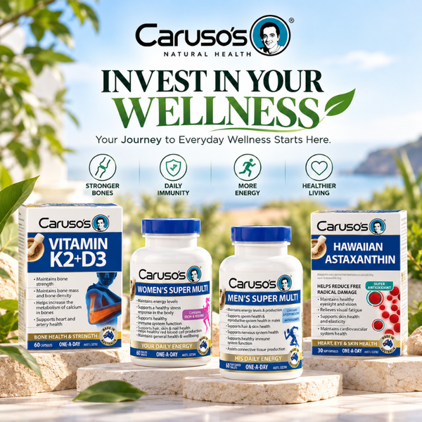 Caruso’s Natural Health Vitamin K2+D3, Women’s Super Multi, Men’s Super Multi and Hawaiian Astaxanthin