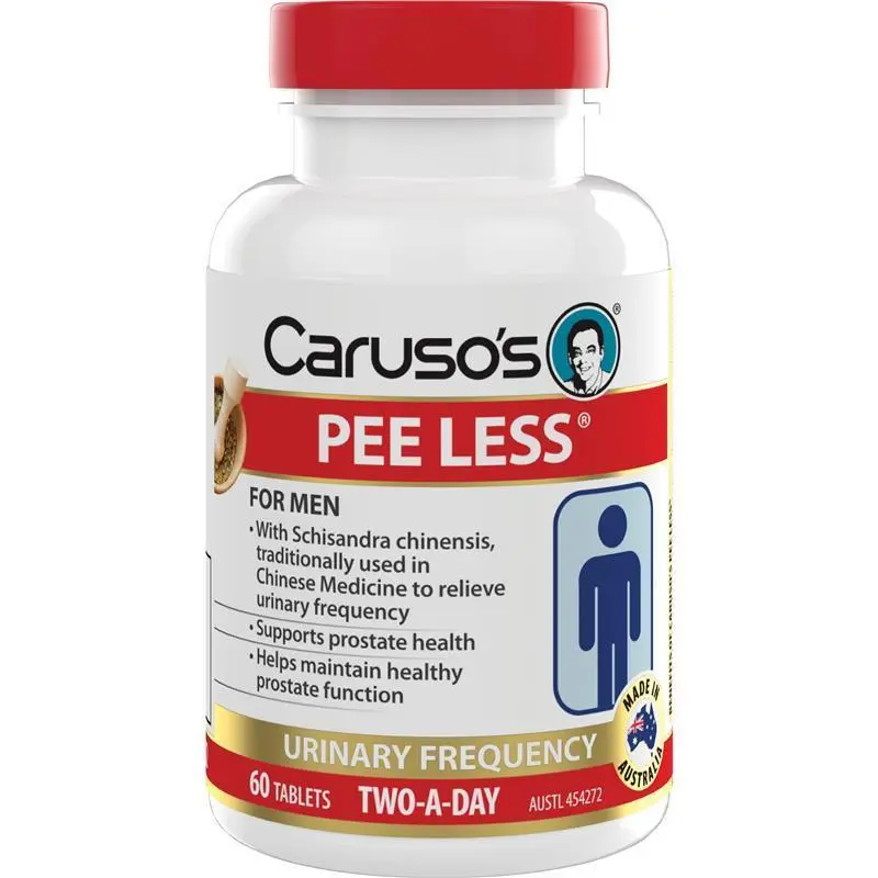Caruso's Pee Less 60 Tablets dietary supplement bottle for adult daily nutritional support