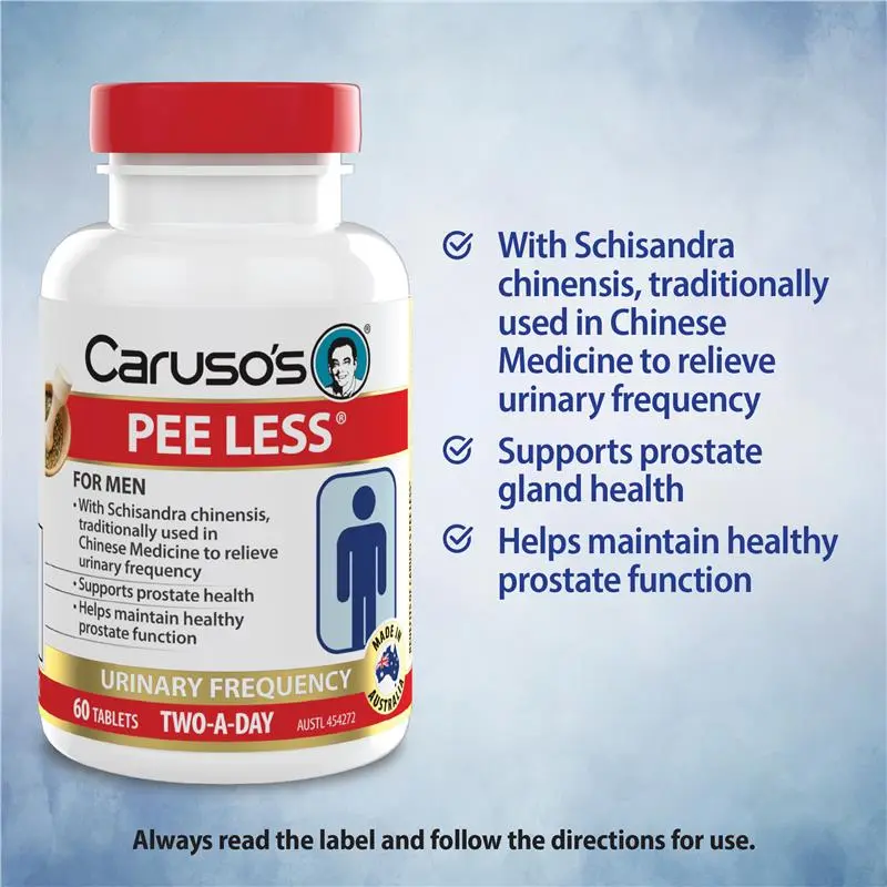 Caruso's Pee Less 60 Tablets dietary supplement bottle for adult daily nutritional support