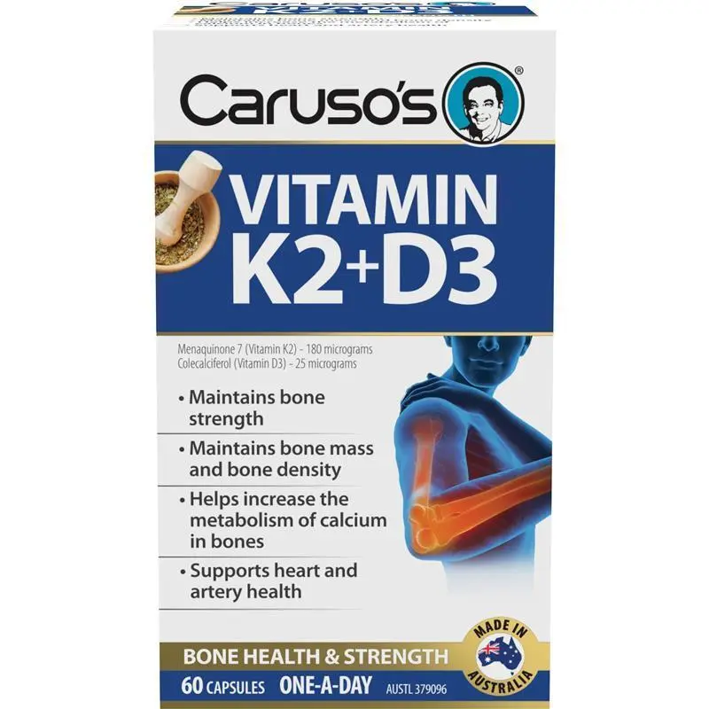Caruso's Vitamin K2 plus D3 60 Capsules daily dietary supplement containing vitamin K2 and vitamin D3