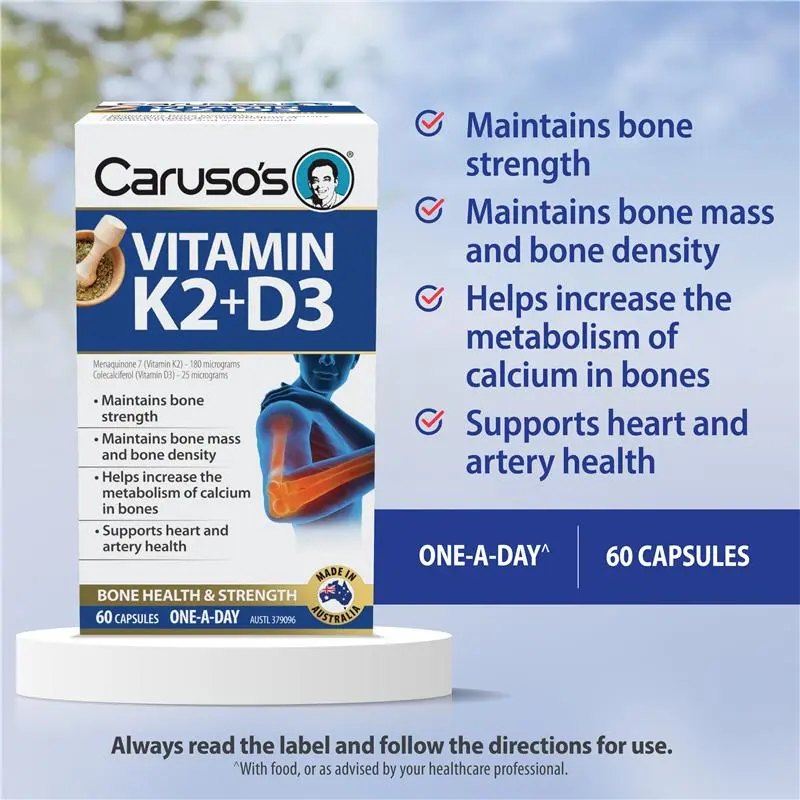 Caruso's Vitamin K2 plus D3 60 Capsules daily dietary supplement containing vitamin K2 and vitamin D3