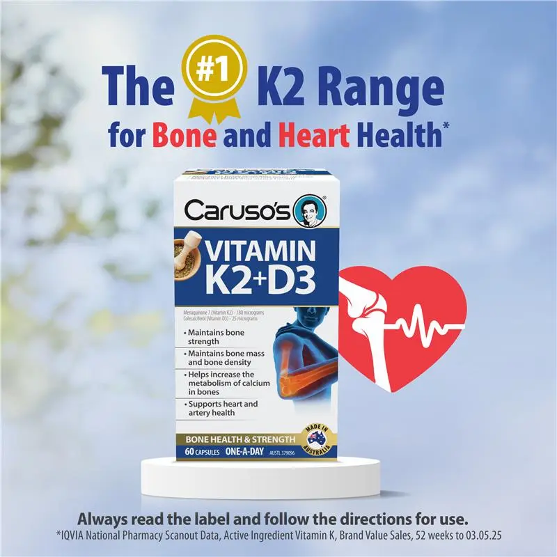 Caruso's Vitamin K2 plus D3 60 Capsules daily dietary supplement containing vitamin K2 and vitamin D3