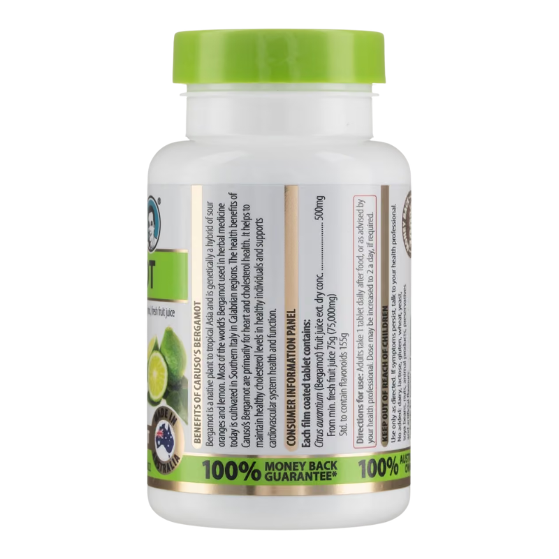 A white plastic bottle of Carrots and Bergamot supplement with a bright green cap, showing the side label with text and illustrations.