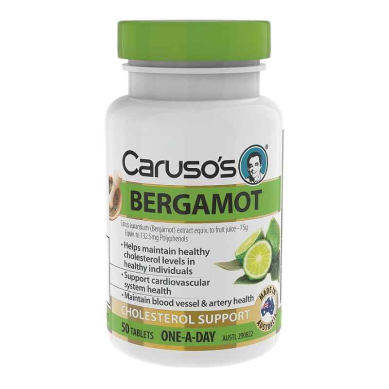 A white bottle of Caruso's Bergamot Cholesterol Support tablets with a bright green cap and a white label featuring green and black text, set against a plain white background.