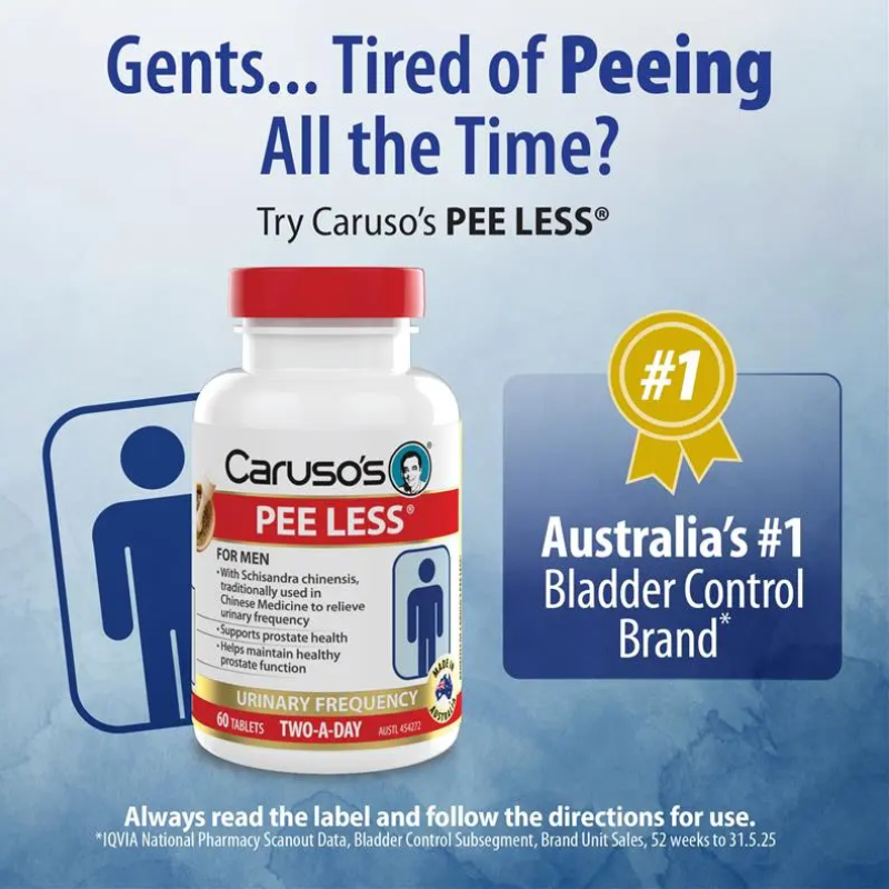 Caruso's Pee Less 60 Tablets dietary supplement bottle for adult daily nutritional support