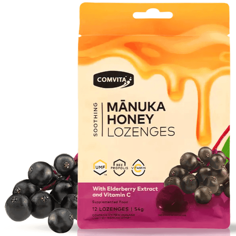 Comvita Manuka Honey Lozenges with Elderberry Extract and Vitamin C 12 lozenges premium New Zealand honey lozenges pack