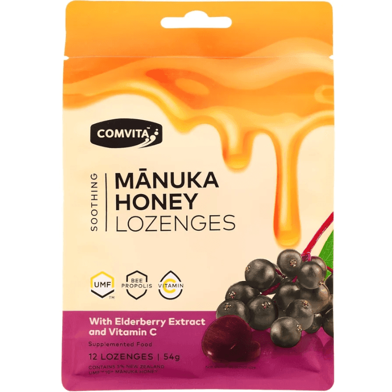 Comvita Manuka Honey Lozenges with Elderberry Extract and Vitamin C 12 lozenges premium New Zealand honey lozenges pack