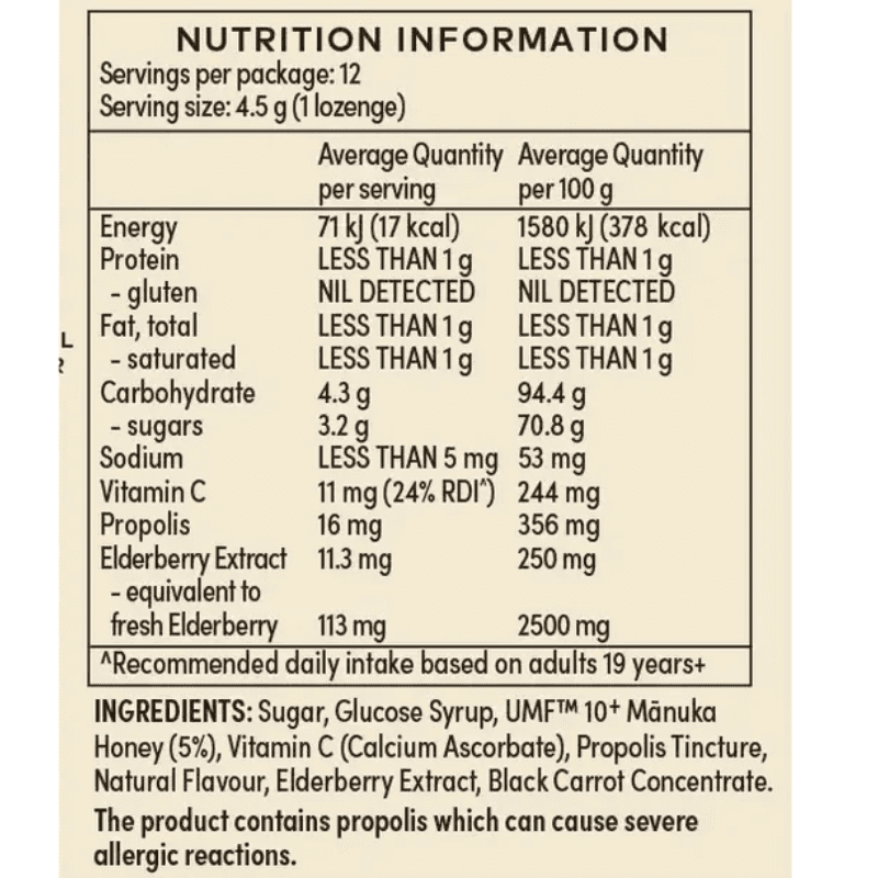 Comvita Manuka Honey Lozenges with Elderberry Extract and Vitamin C 12 lozenges premium New Zealand honey lozenges pack