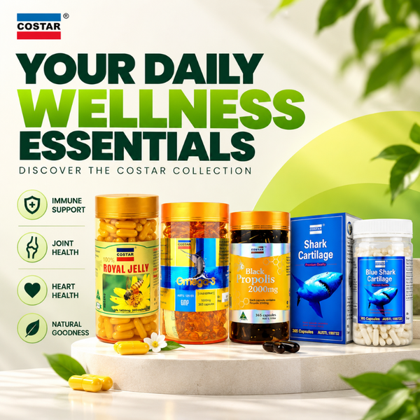 Costar Australia health supplements including Royal Jelly, Omega-3, Black Propolis, Shark Cartilage and Blue Shark Cartilage capsules