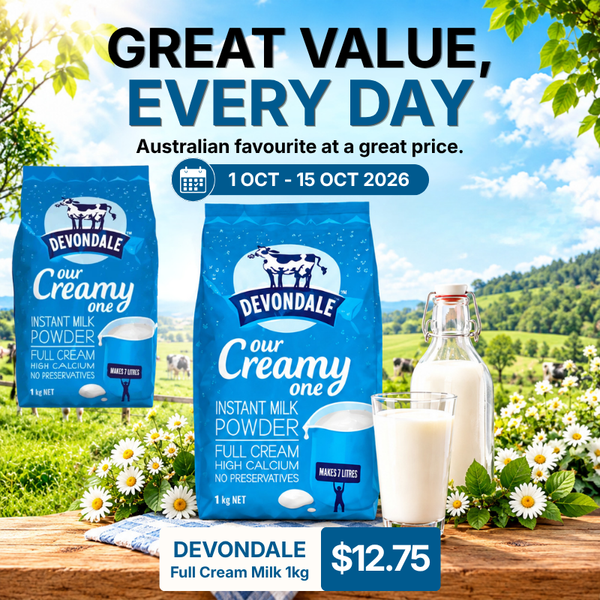 Devondale Full Cream Milk Powder 1kg Australian favourite at a great price, October 2026 promotion