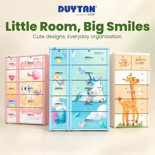 Duy Tan kids plastic storage cabinets featuring blue and pink unicorn designs and a giraffe height chart cabinet, ideal for children's bedrooms.