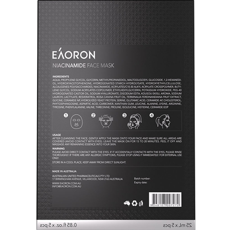 Eaoron Niacinamide Face Mask 25ml x 5 Pack brightening and hydrating sheet masks with niacinamide for smooth radiant healthy looking skin