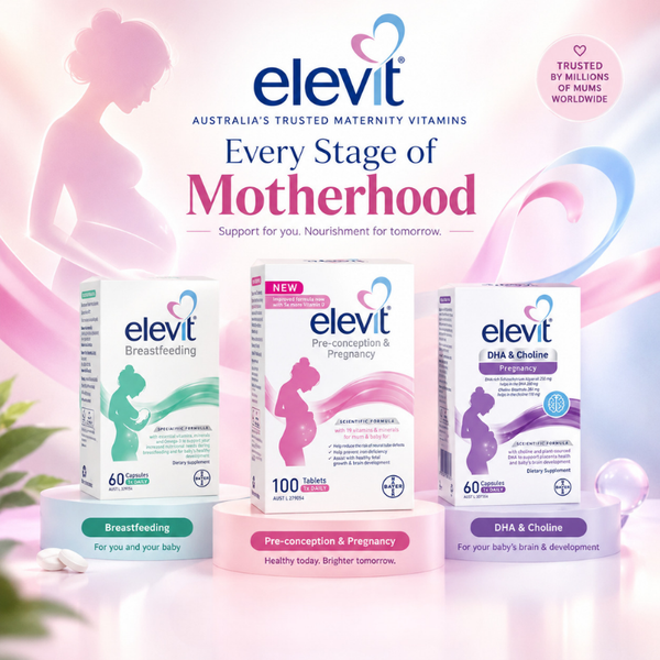 Elevit Australia maternity vitamin collection featuring Pre-conception & Pregnancy 100 Tablets, Breastfeeding 60 Capsules and DHA & Choline Pregnancy 60 Capsules on a pink gradient background.