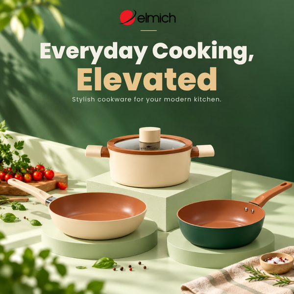 Elmich Mocha and Harmony cookware collection featuring a cream non-stick pot with glass lid, a beige frying pan and a dark green frying pan with caramel interiors, displayed against a premium sage green background.