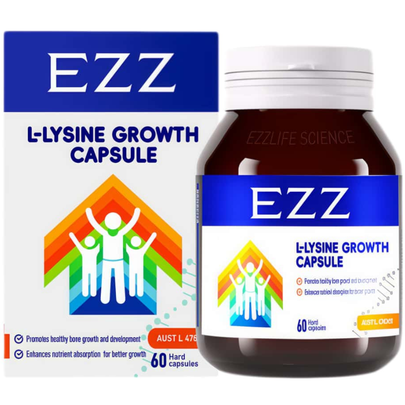 EZZ L-Lysine Growth Capsule 60 capsules with calcium vitamin D3 and vitamin K2 to support healthy growth and bone development