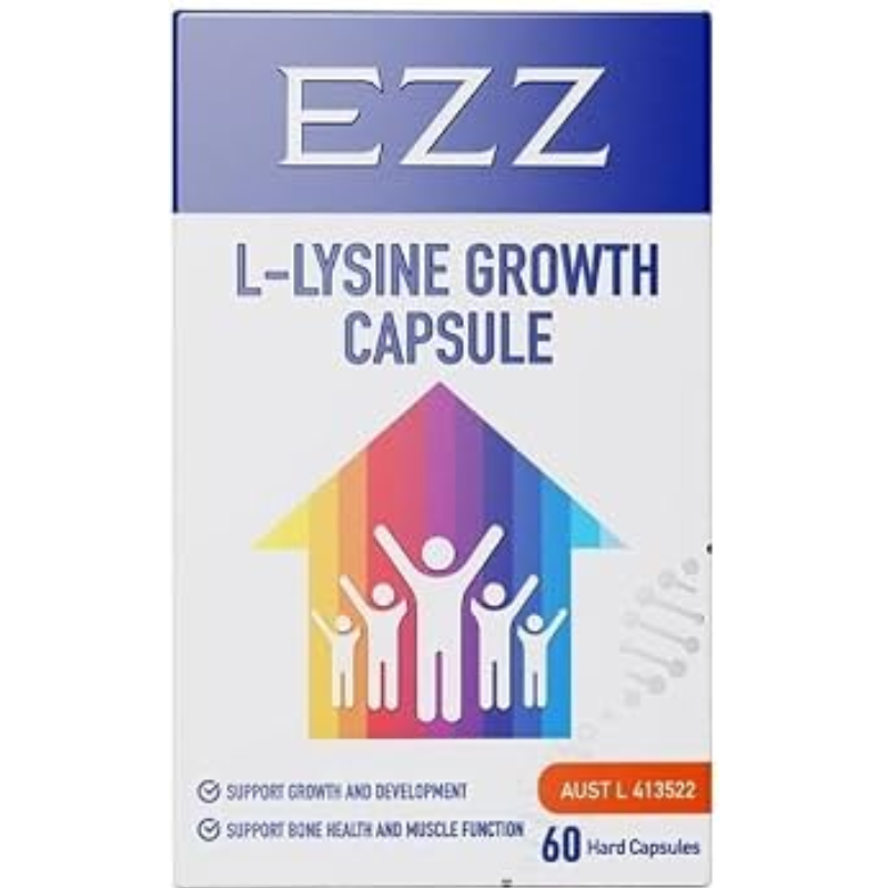 EZZ L-Lysine Growth Capsule 60 capsules with calcium vitamin D3 and vitamin K2 to support healthy growth and bone development