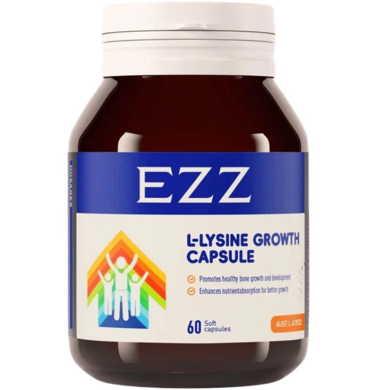 EZZ L-Lysine Growth Capsule 60 capsules with calcium vitamin D3 and vitamin K2 to support healthy growth and bone development